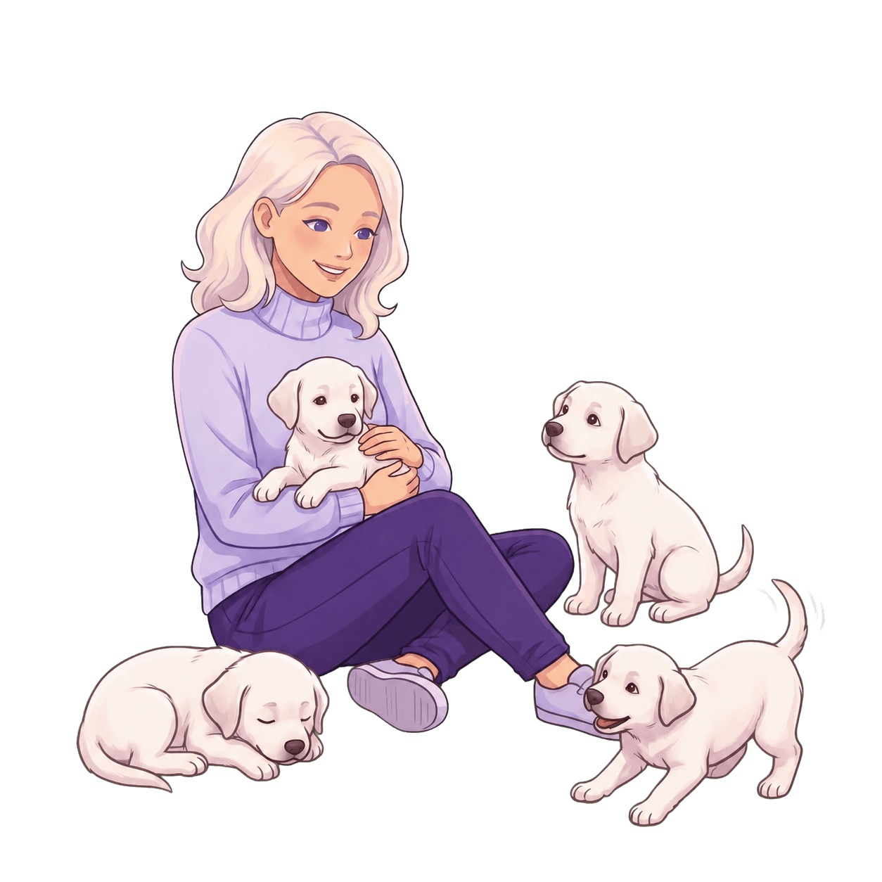 A woman sitting with four puppies